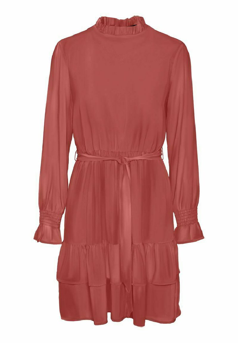 Rotes, durchsichtiges Kleid mit einem hohen Rüschenausschnitt, langen Ärmeln, elastischen Manschetten, einem taillierten Gürtel und gestuften Rüschen am Saum.