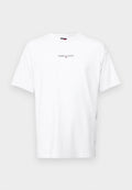 Weißes Baumwoll-T-Shirt mit kurzen Ärmeln und rundem Halsausschnitt, versehen mit einem schwarzen Drucklogo "TOMMY JEANS" auf der Brust.