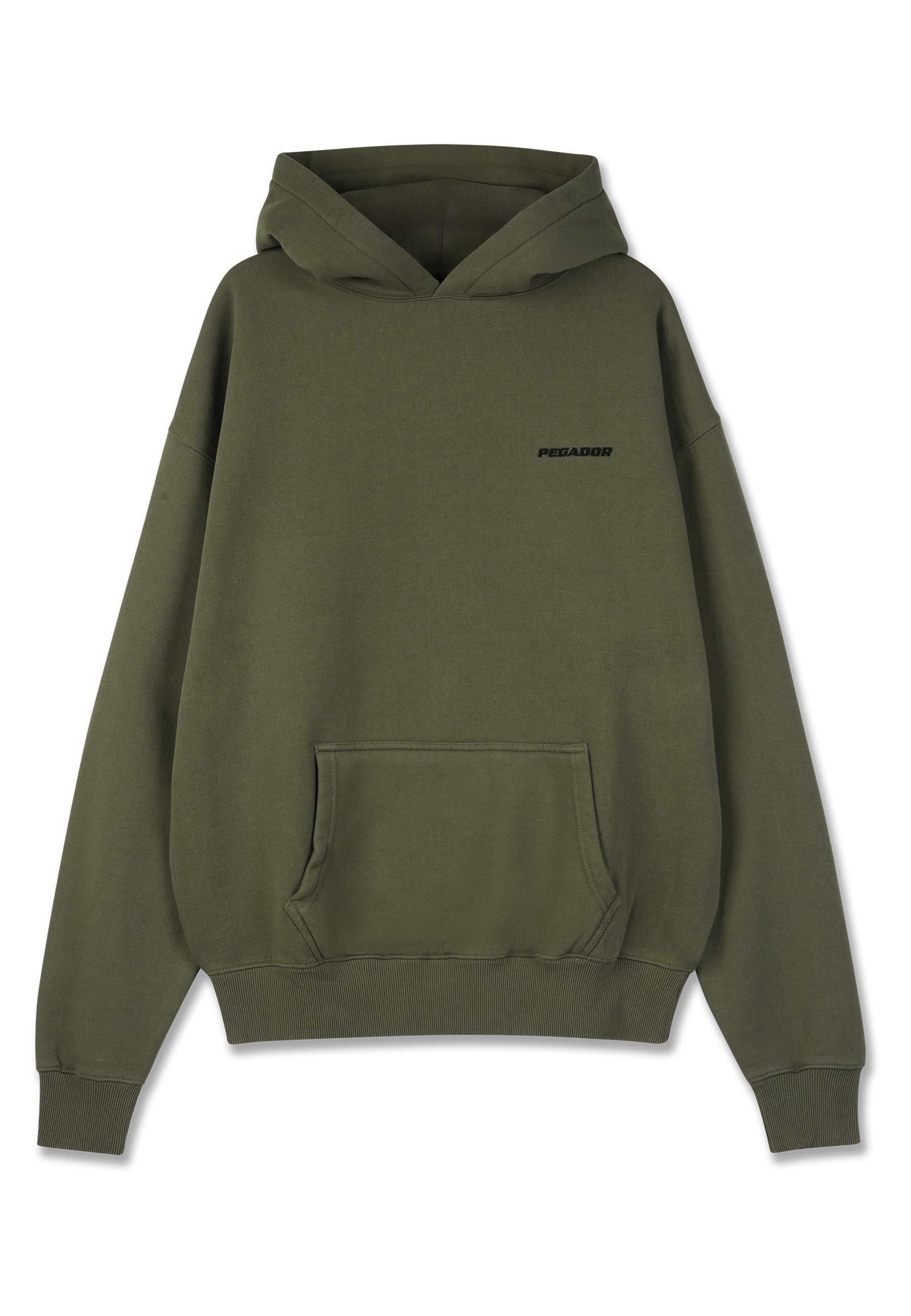 Olivgrüne Kapuzenjacke mit vorderer Kängurutasche und kleinem schwarzen "PEGADOR"-Logo auf der linken Brust.