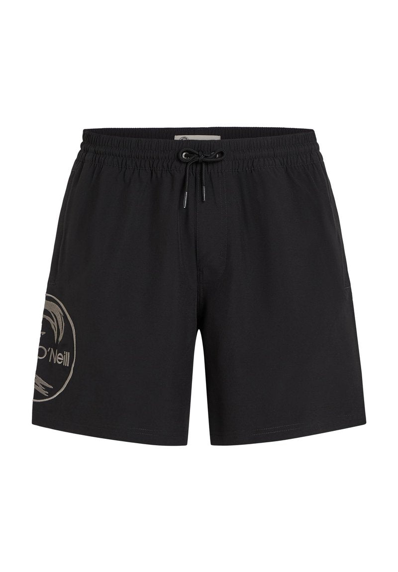 Schwarze Badshorts mit elastischem Bund und Kordelzug. Enthält ein Logo-Design in hellgrau auf der linken Seite. Glattes Material, lässige Passform.