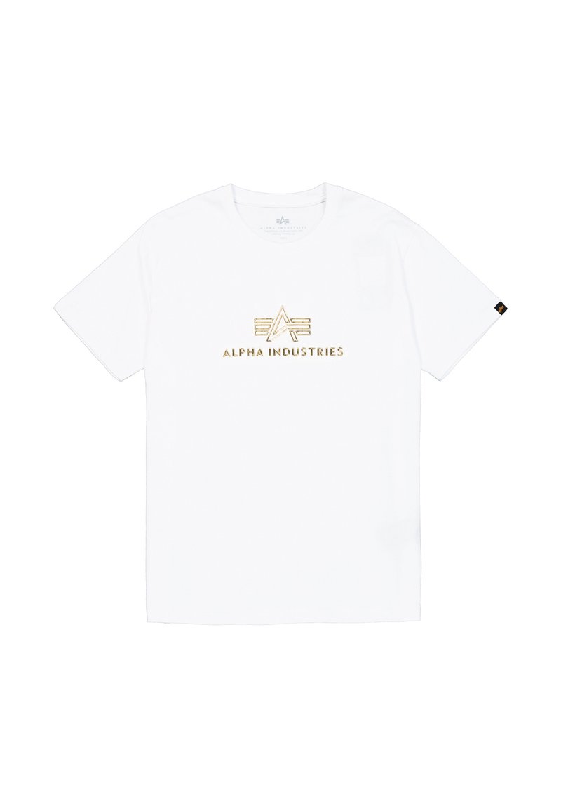 Weißes Baumwoll-T-Shirt mit einem goldenen, gestickten "ALPHA INDUSTRIES"-Logo in der Mitte. Kurze Ärmel und ein Rundhalsausschnitt-Design.