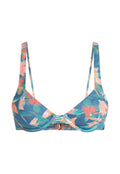 Blumen-Bikini-Oberteil mit blauem Grund und pinken sowie grünen Blattmustern, verstellbaren Trägern und einem Frontverschluss.