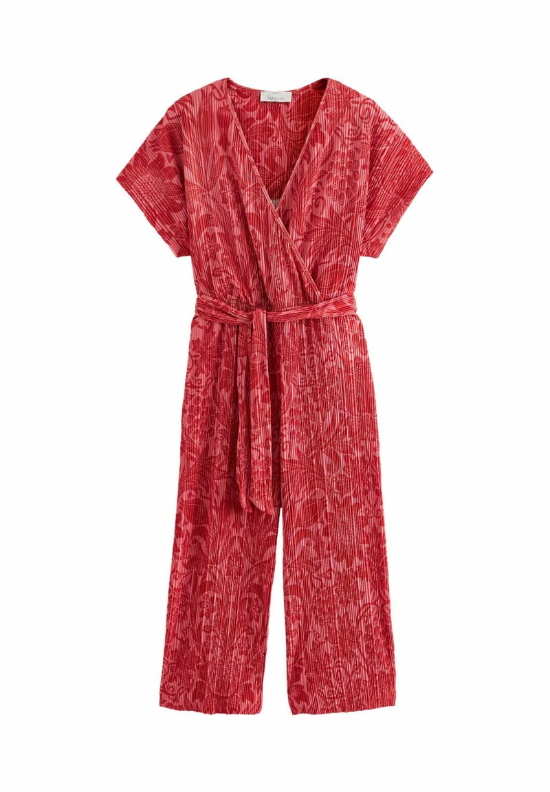 Roter gemusterter Jumpsuit mit Wickeldesign, kurzen Ärmeln und gebundenem Bund. Hat eine vertikale Streifenstruktur und florale Motive.