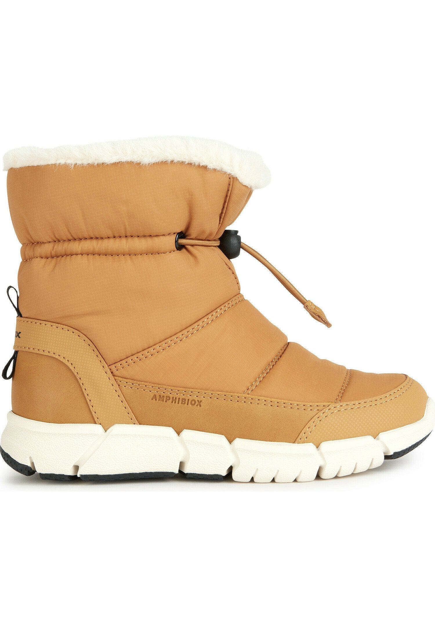 Tan Winterstiefel mit weißem Fleece-Futter, verstellbarem elastischen Kordelzug und dicker weißer Sohle mit schwarzem Profil.