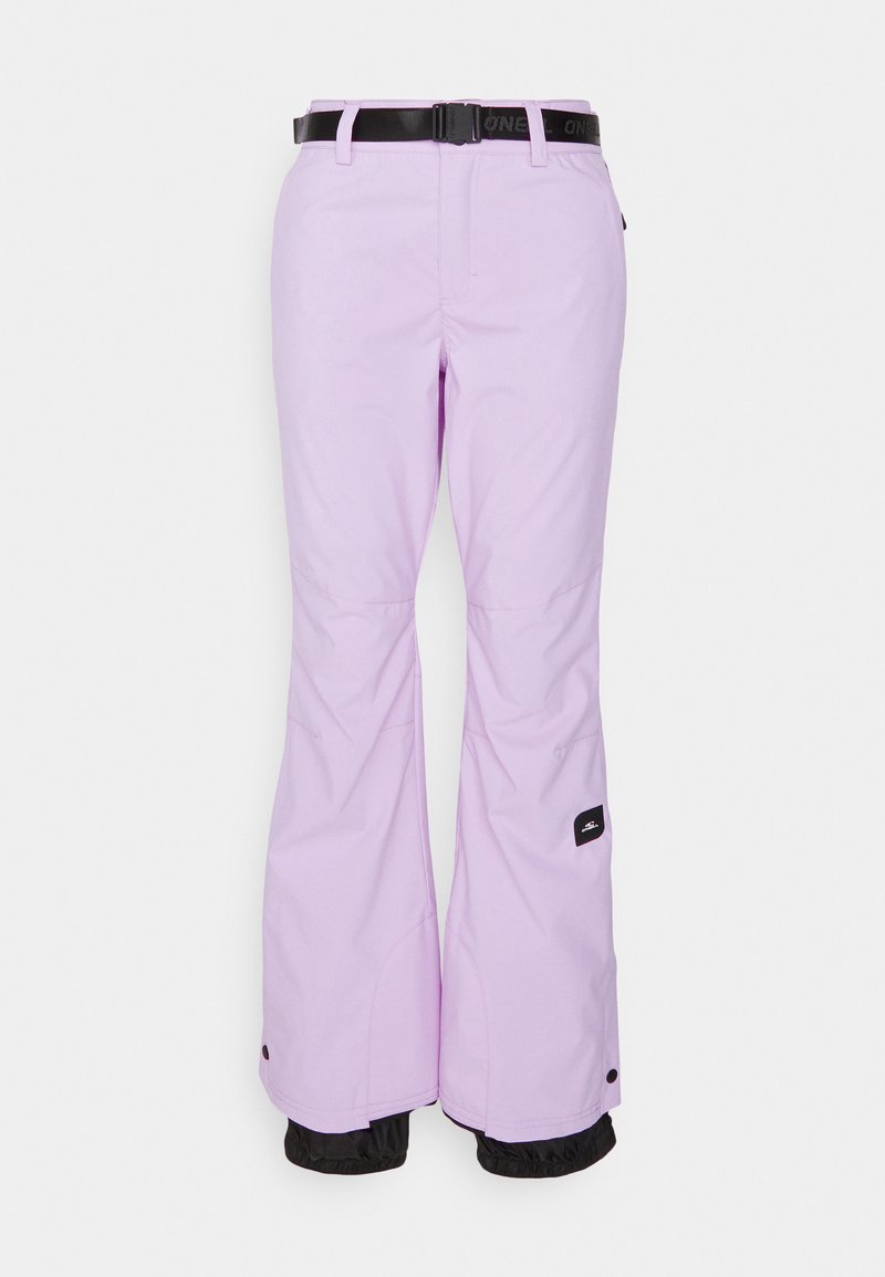Lila Skihosen mit einem ausgestellten Design, verstellbarem schwarzen Gürtel und elastischen Bündchen. Mit einem Logo-Aufnäher an der Seite. Wasserdichtes Material.