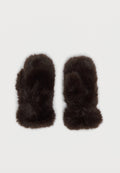 Paar dunkelbrauner, flauschiger Fäustlinge mit separatem Daumenbereich, entworfen für Wärme und Winterbekleidung.