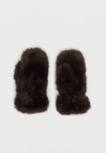 Paar dunkelbrauner, flauschiger Fäustlinge mit separatem Daumenbereich, entworfen für Wärme und Winterbekleidung.