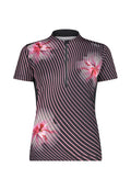 Kurzarm-Radsporttrikot aus dunklem Stoff mit pinken Wellenstreifen und floralen Mustern, ausgestattet mit einem Reißverschluss vorne und einem Stehkragen.