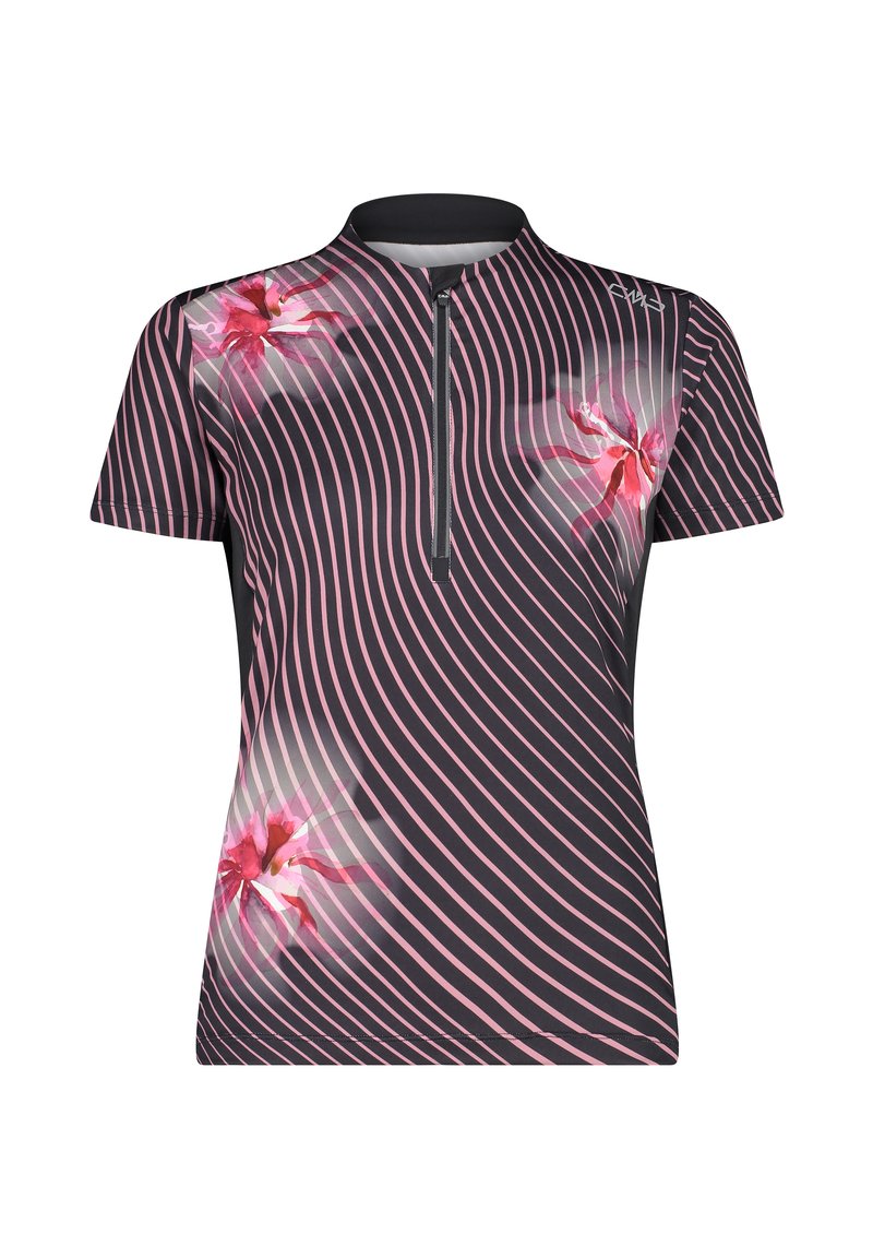 Kurzarm-Radsporttrikot aus dunklem Stoff mit pinken Wellenstreifen und floralen Mustern, ausgestattet mit einem Reißverschluss vorne und einem Stehkragen.
