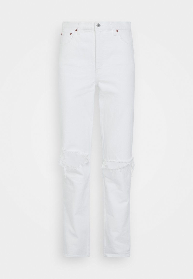 Weiße Denim-Jeans mit ausgefranzten Knieausschnitten, Fünf-Taschen-Design und metallischen Akzenten. Gerader Schnitt, leichtes Material und saubere Verarbeitung.