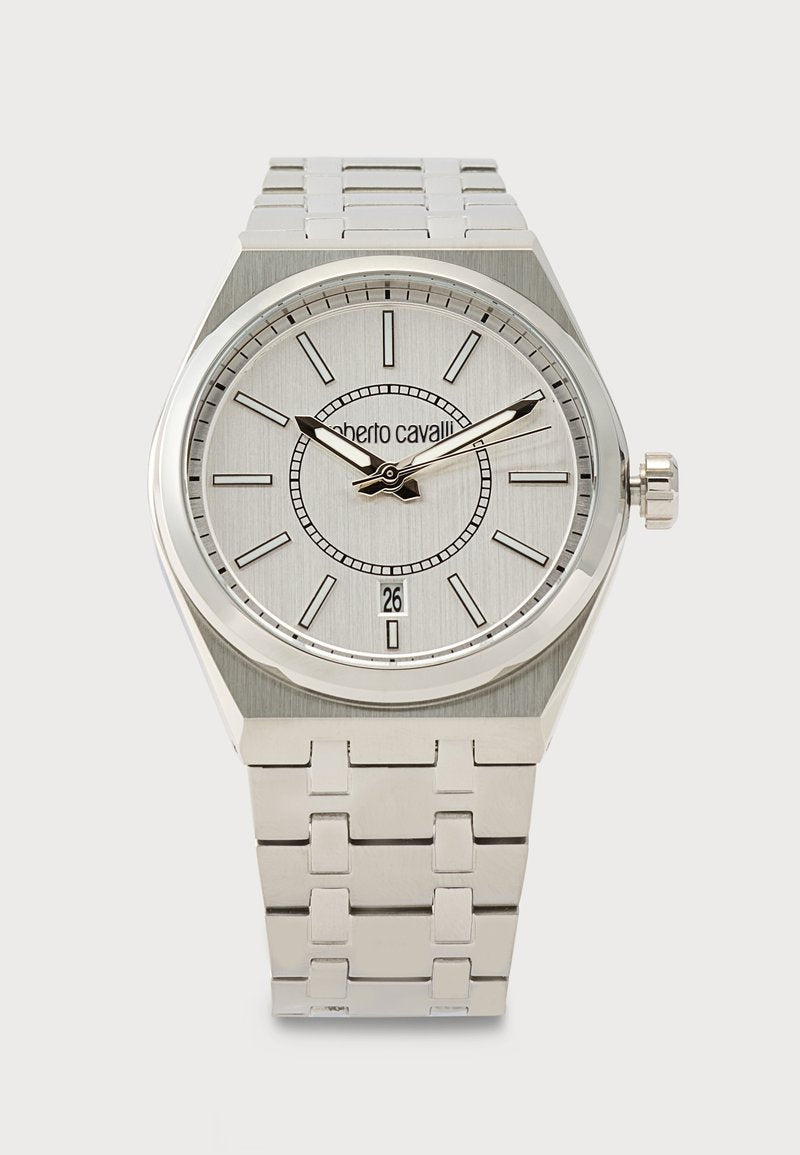 Silberne Roberto Cavalli Armbanduhr aus Edelstahl mit rundem Zifferblatt, schwarzen Stundenmarkierungen, Datumsanzeige und Metallgliederarmband.