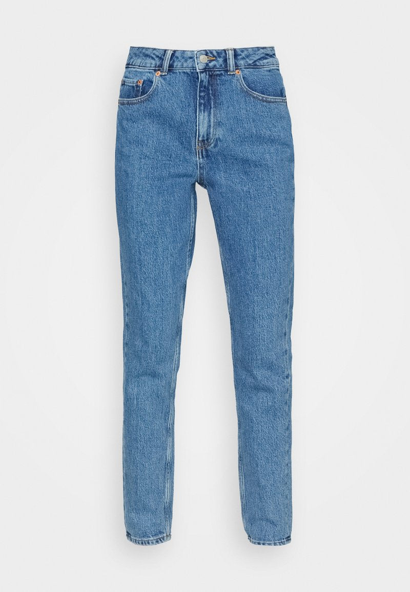 Blaue Jeans aus Denim mit hoher Taille, geradem Bein, fünf Taschen, Metallknopfverschluss und kontrastierender Naht.