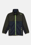 Kinder-Fleecejacke mit Reißverschluss, olivgrünem Oberteil, marineblauen unteren Bereichen, neongrünem Reißverschluss und CMP-Logo auf der Brust.