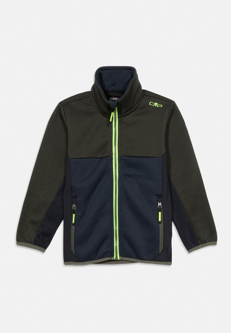 Kinder-Fleecejacke mit Reißverschluss, olivgrünem Oberteil, marineblauen unteren Bereichen, neongrünem Reißverschluss und CMP-Logo auf der Brust.