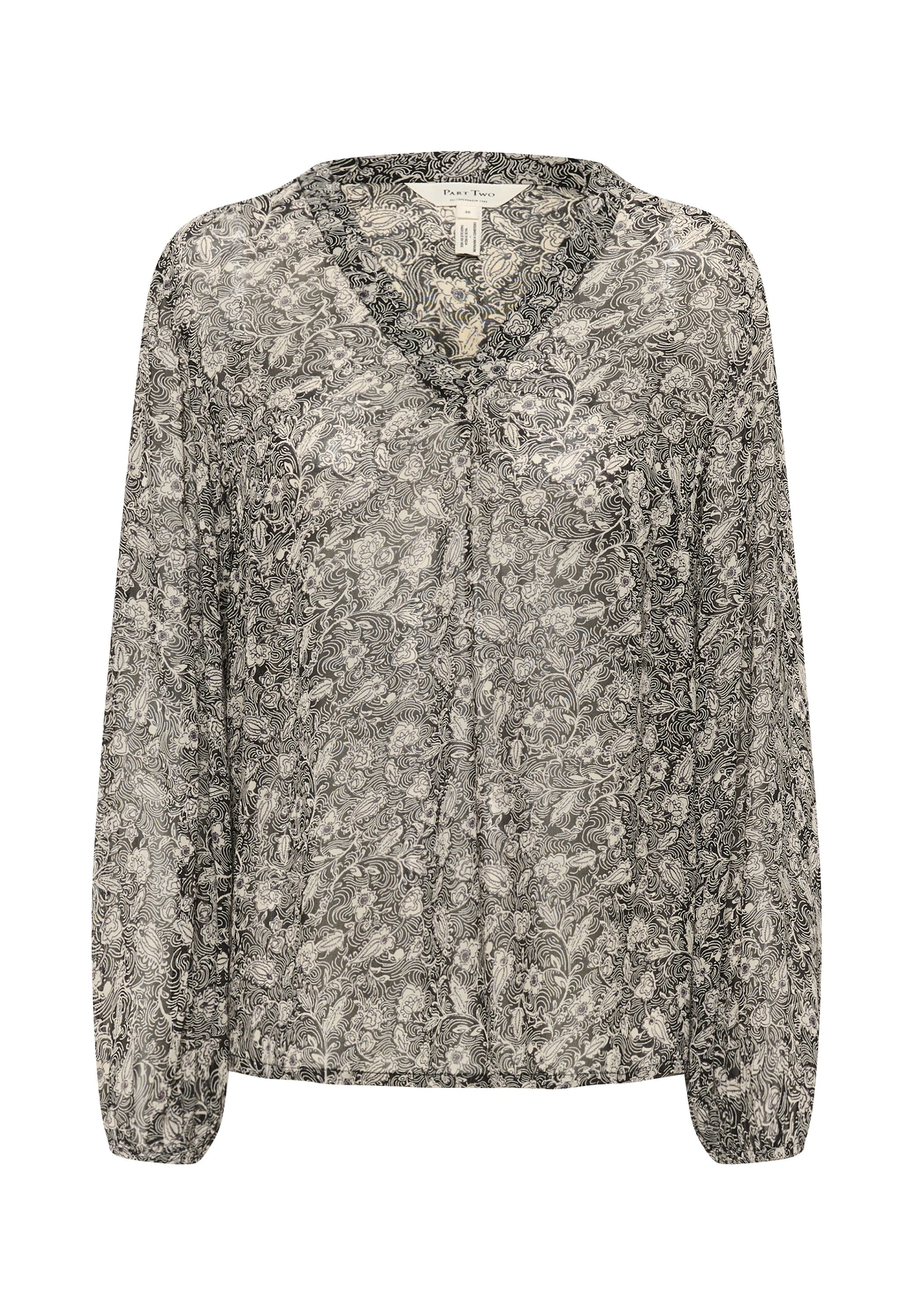 Schwarz-weiße gemusterte Bluse mit V-Ausschnitt, langen Ärmeln und gerafften Manschetten. Hergestellt aus leichtem, strukturiertem Stoff mit floralem Design.