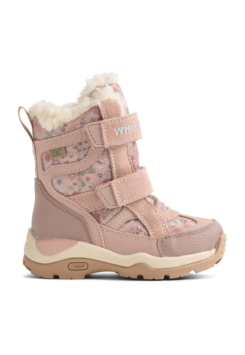 Wasserdichter pinker Stiefel mit Blumenmuster, weichem Futter, zwei Klettverschlüssen und strukturiertem Gummisohlen. Besteht aus Wildleder und Mesh-Materialien.