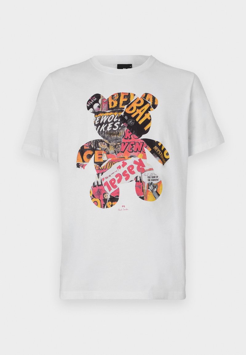 Weißes Baumwoll-T-Shirt mit einem Bärenmotiv, das mit bunten Zeitungsausschnitten und Text gefüllt ist, Rundhalsausschnitt, kurze Ärmel.