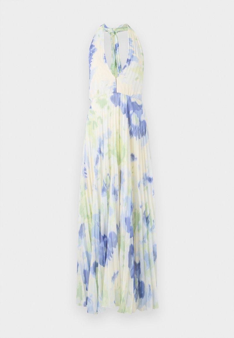 Faltenrockkleid mit Halterneck, das ein florales Muster in Blau- und Grüntönen auf leichtem, hellgelbem Stoff zeigt.