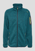 Fleecejacke in Tannengrün mit durchgehendem Reißverschluss, hohem Kragen, schwarzen Reißverschlüssen, neongelben Reißverschluss-Zippern und einer Reißverschlusstasche am linken Ärmel.