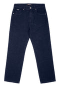 Dunkelblaue Denim-Jeans mit geradem Bein, ausgestattet mit zwei vorderen Taschen, einem Knopfverschluss und kontrastierenden Nähten.