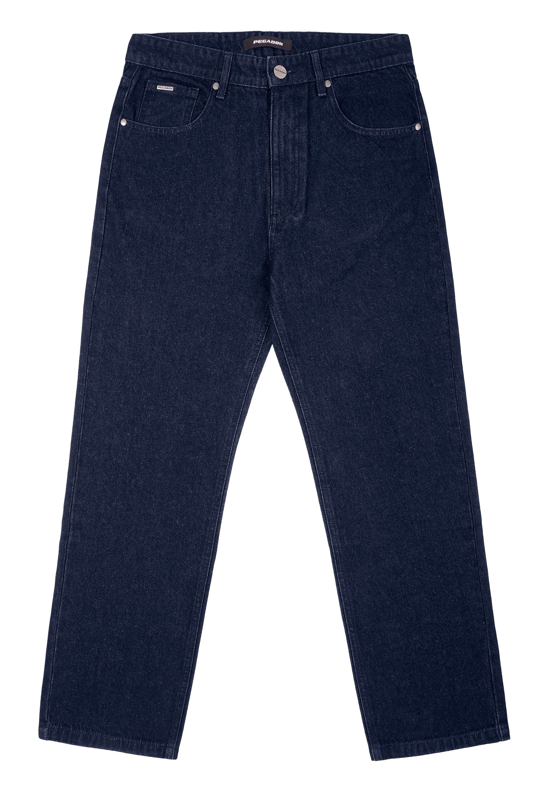 Dunkelblaue Denim-Jeans mit geradem Bein, ausgestattet mit zwei vorderen Taschen, einem Knopfverschluss und kontrastierenden Nähten.