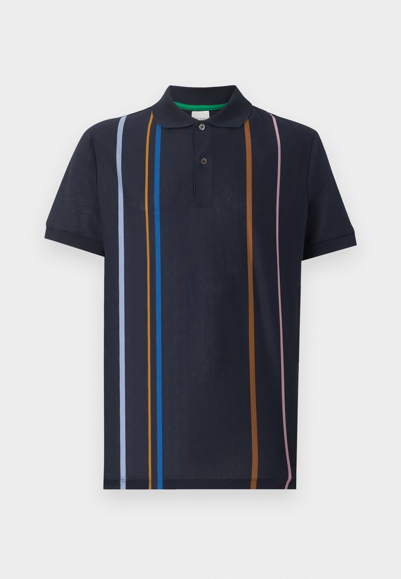Marineblaues Polohemd mit kurzen Ärmeln, Kragen und vertikalen Streifen in Hellblau, Blau, Braun und Rosa auf der Vorderseite.