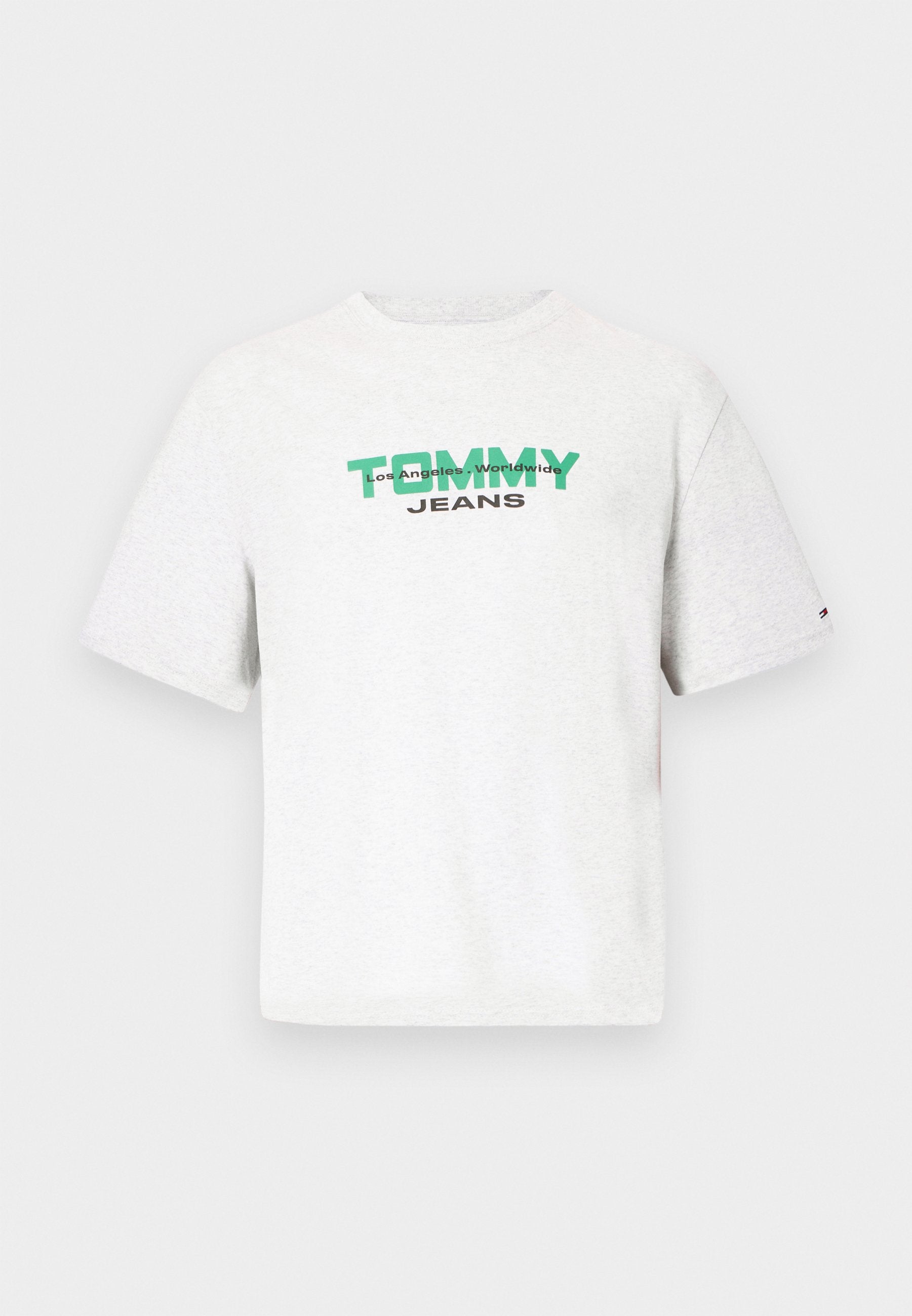 Graues Baumwoll-T-Shirt mit rundem Halsausschnitt, kurzen Ärmeln und einem grünen und schwarzen Grafiklogo mit der Aufschrift "TOMMY JEANS" auf der Vorderseite.