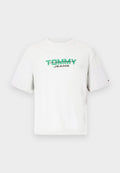 Graues Baumwoll-T-Shirt mit rundem Halsausschnitt, kurzen Ärmeln und einem grünen und schwarzen Grafiklogo mit der Aufschrift "TOMMY JEANS" auf der Vorderseite.