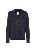 Navy V-Ausschnitt-Pullover mit strukturiertem Strickmuster, geripptem Saum und Bündchen sowie klassischem Kragen. Leichtes und atmungsaktives Design.
