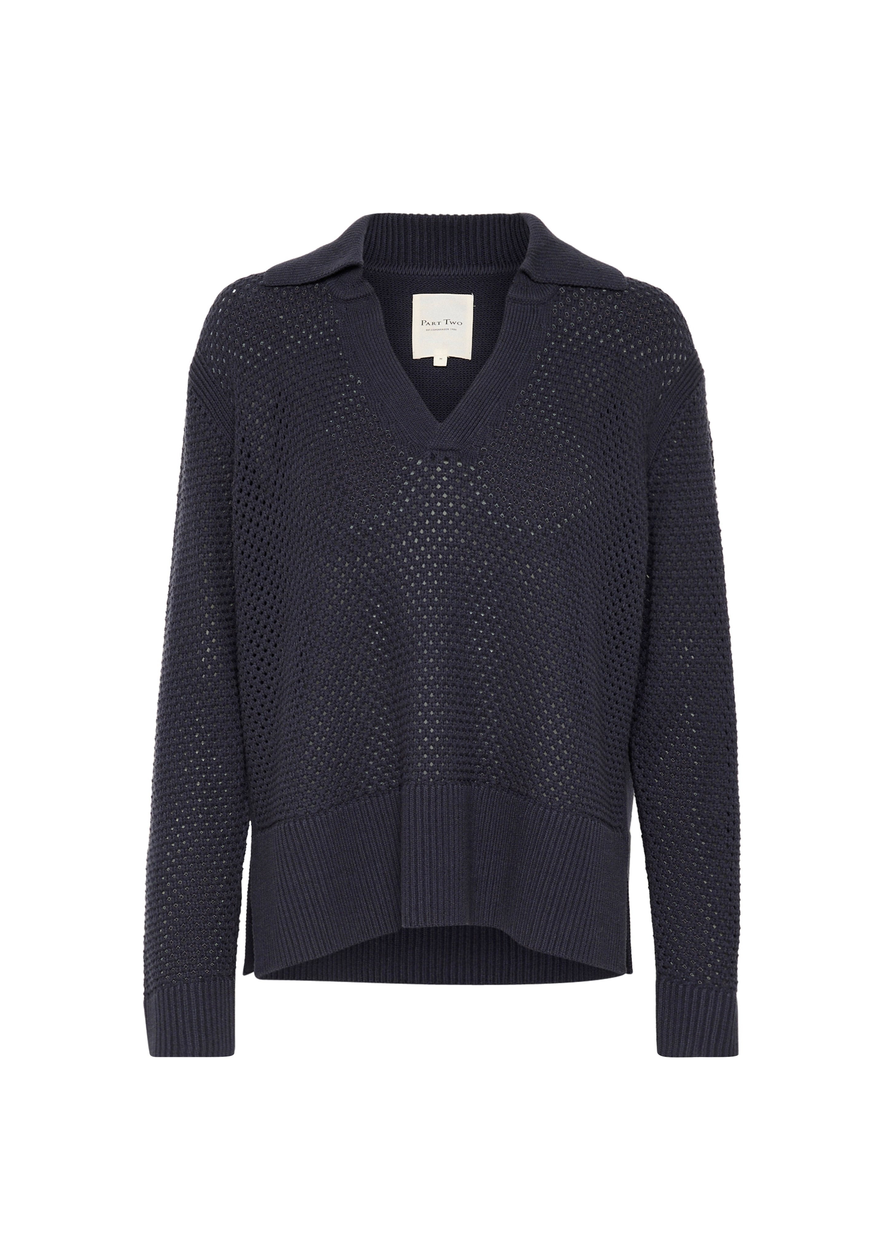 Navy V-Ausschnitt-Pullover mit strukturiertem Strickmuster, geripptem Saum und Bündchen sowie klassischem Kragen. Leichtes und atmungsaktives Design.