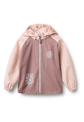 Leichte Jacke mit Kapuze, vorne in Pink und die Ärmel in hellem Rosa. Auffällige Designs sind weiße Wirbel- und Blumenmuster.