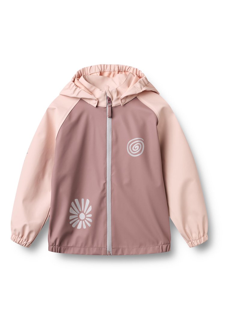 Leichte Jacke mit Kapuze, vorne in Pink und die Ärmel in hellem Rosa. Auffällige Designs sind weiße Wirbel- und Blumenmuster.