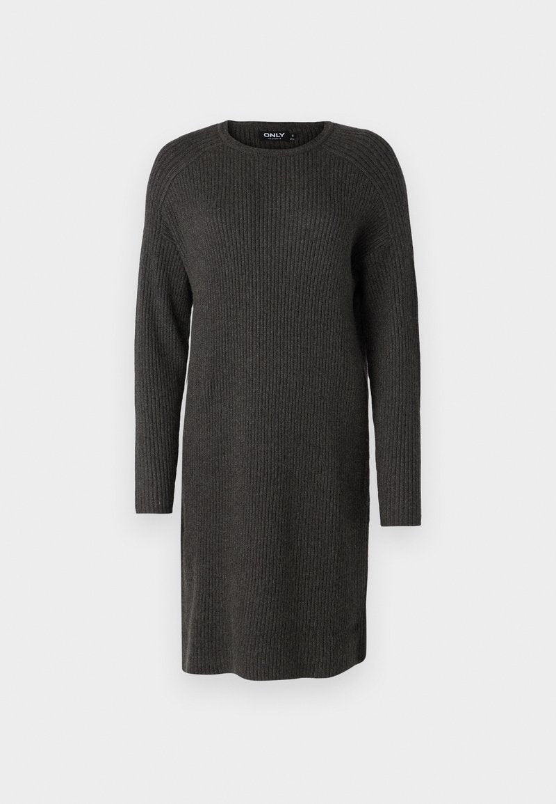 Strickkleid in Dunkelgrau, mit langen Ärmeln, rundem Ausschnitt und einem Rippstrick-Muster, entworfen für eine lockere Passform.