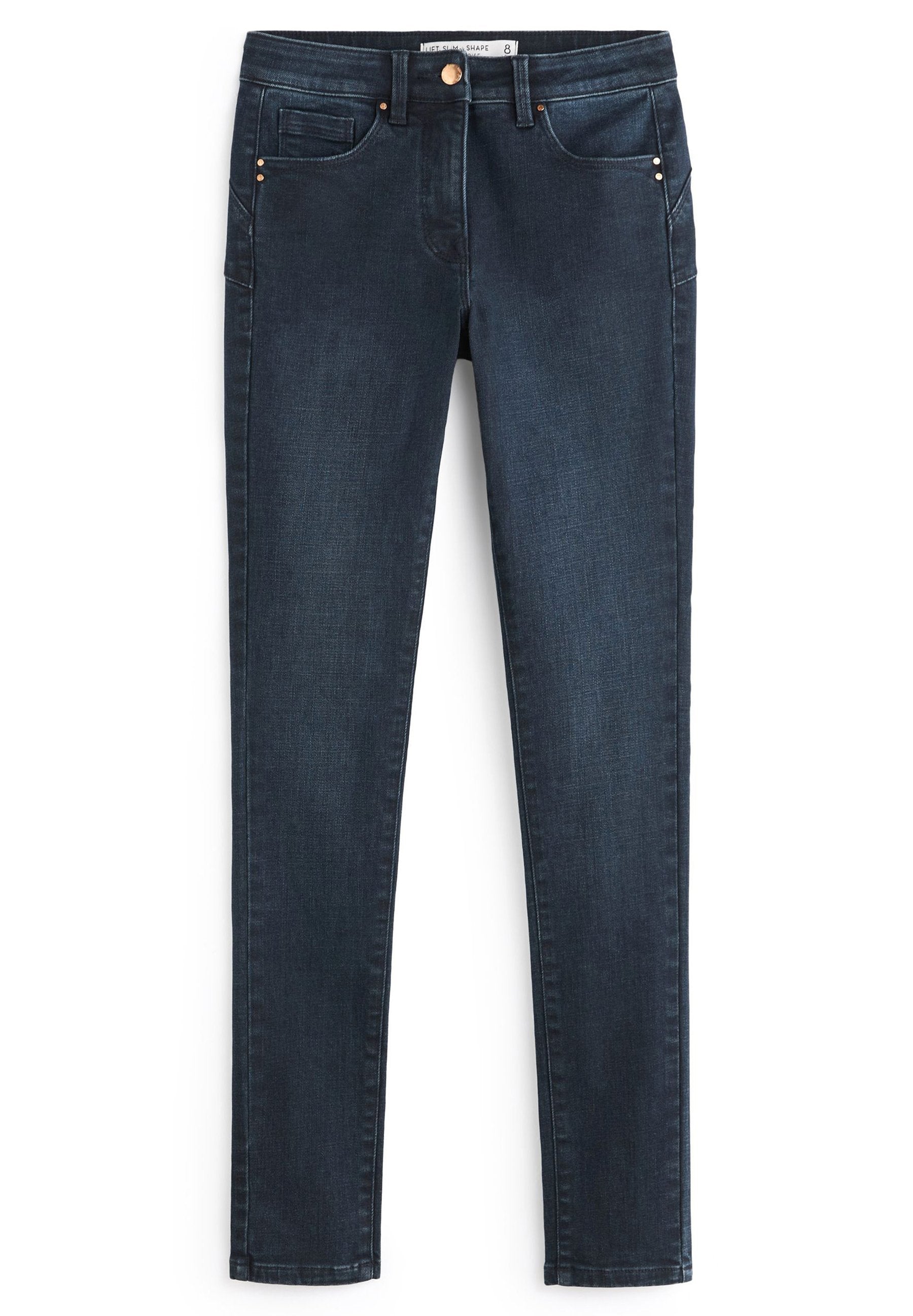 Dunkelblaue, enge Jeans aus Denim mit fünf Taschen, kontrastierenden Nähten und Metallakzenten an den vorderen Taschen. Glatte Textur, figurbetontes Design.