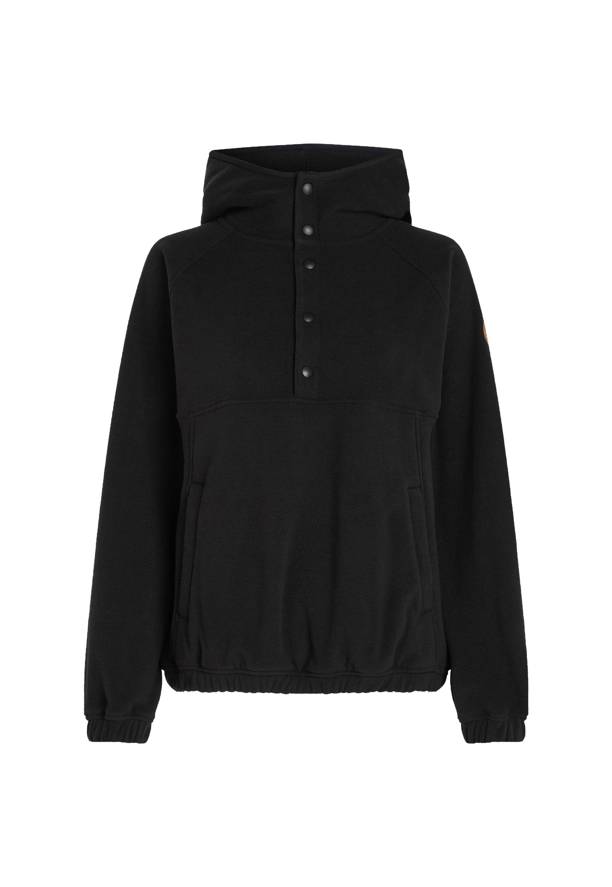 Schwarzer Fleece-Pullover mit hohem Kragen, versehen mit einer durch Knöpfe verschlossenen Vorderseite, seitlichen Taschen und elastischen Bündchen. Glatte Textur und lockere Passform.