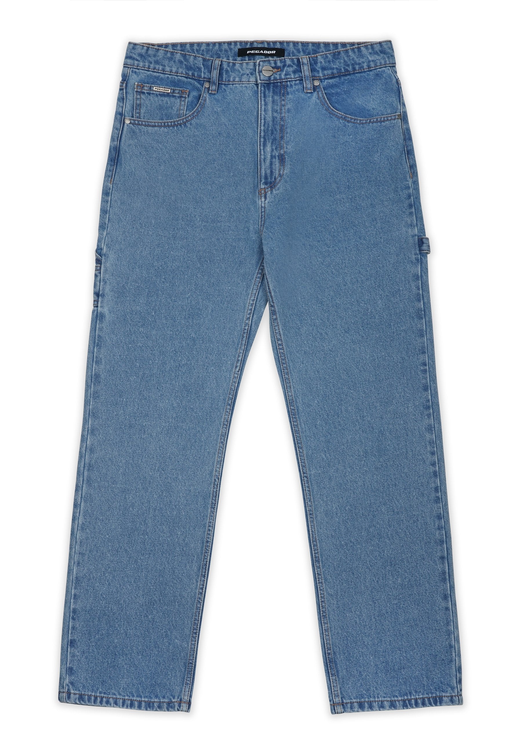 Blaue Jeans aus Denim mit geradem Schnitt. Verfügt über fünf Taschen, einen Knopfverschluss und seitliche Riegel an der Taille für eine verstellbare Passform.