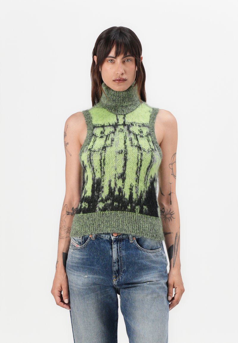 Ärmelloses Strick-Poloshirt in grünen und schwarzen Mustern. Es hat eine weiche, strukturierte Oberfläche und eine figurbetonte Silhouette.