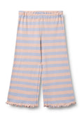 Gestreifte Hose aus hellrosa und blauem Baumwollstoff mit weitem Bein und gerafftem Saum an den Knöcheln, ausgestattet mit einem elastischen Bund.