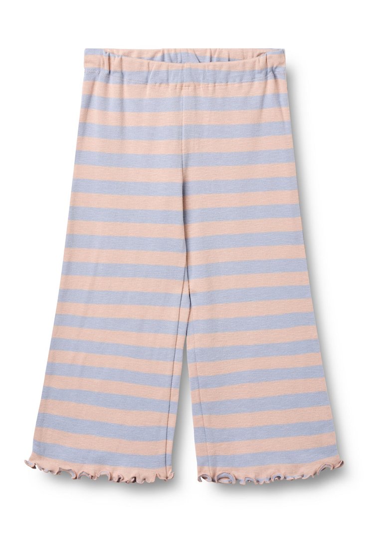 Gestreifte Hose aus hellrosa und blauem Baumwollstoff mit weitem Bein und gerafftem Saum an den Knöcheln, ausgestattet mit einem elastischen Bund.