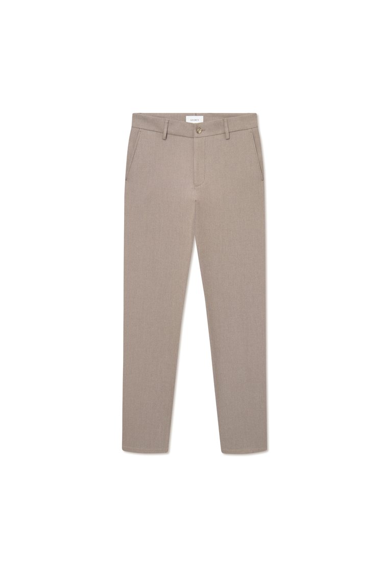 Beige maßgeschneiderte Hose mit schlanker Passform, mit Reißverschluss, Fronttaschen und einem dezenten Texturmuster. Hergestellt aus einem leichten Stoff.