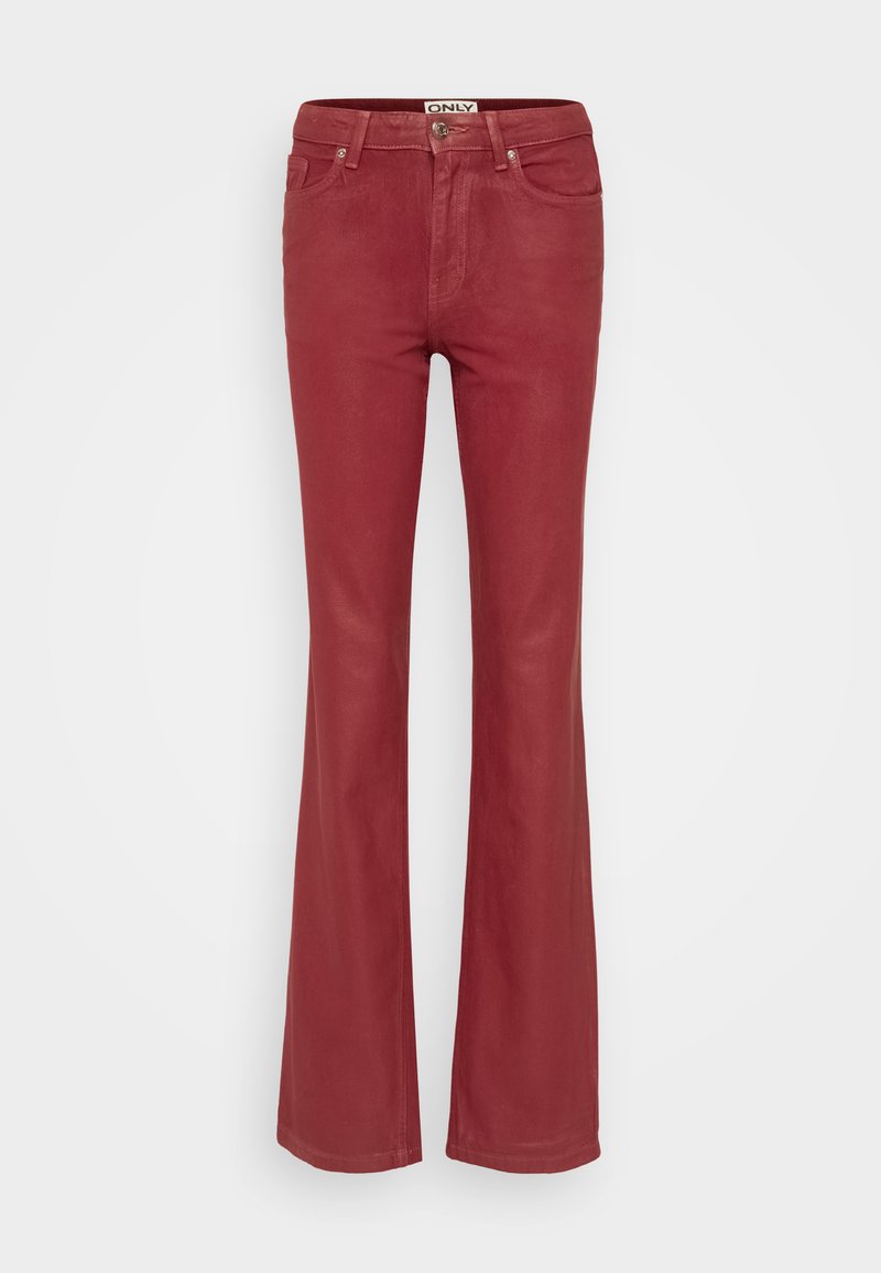 Rote, ausgestellte Jeans aus Denim, mit fünf Taschen, einem Reißverschluss und einem Knopfverschluss sowie einer glatten Textur.