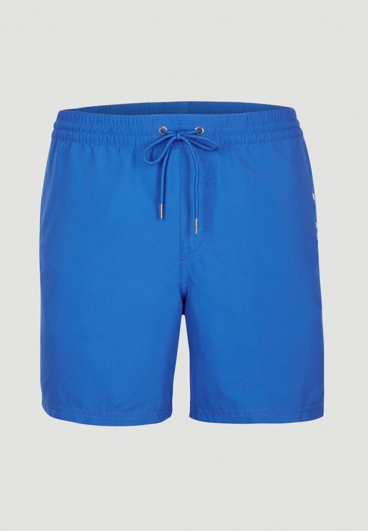 Blaue Badeshorts aus leichtem Material, mit einem elastischen Bund und Kordelzug sowie einer glatten Oberfläche ohne Muster.