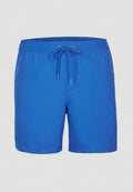 Blaue Badeshorts aus leichtem Material, mit einem elastischen Bund und Kordelzug sowie einer glatten Oberfläche ohne Muster.