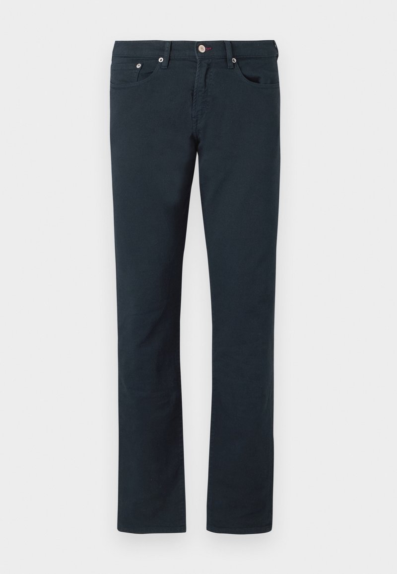 Dunkelblaue Baumwollhosen im geraden Schnitt, mit zwei frontalen Taschen und einem Knopfverschluss aus Metall. Weiche Textur.