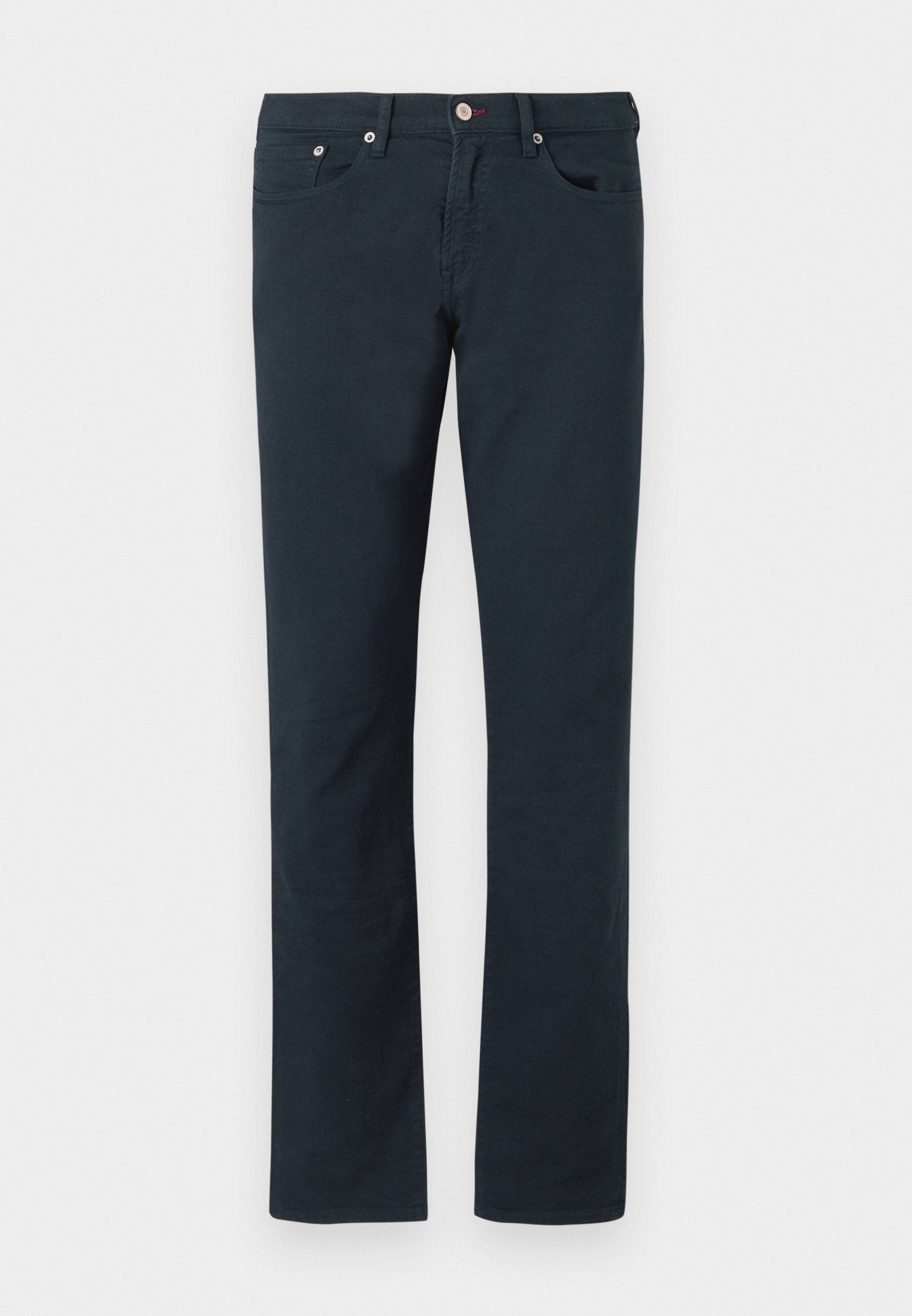 Dunkelblaue Baumwollhosen im geraden Schnitt, mit zwei frontalen Taschen und einem Knopfverschluss aus Metall. Weiche Textur.