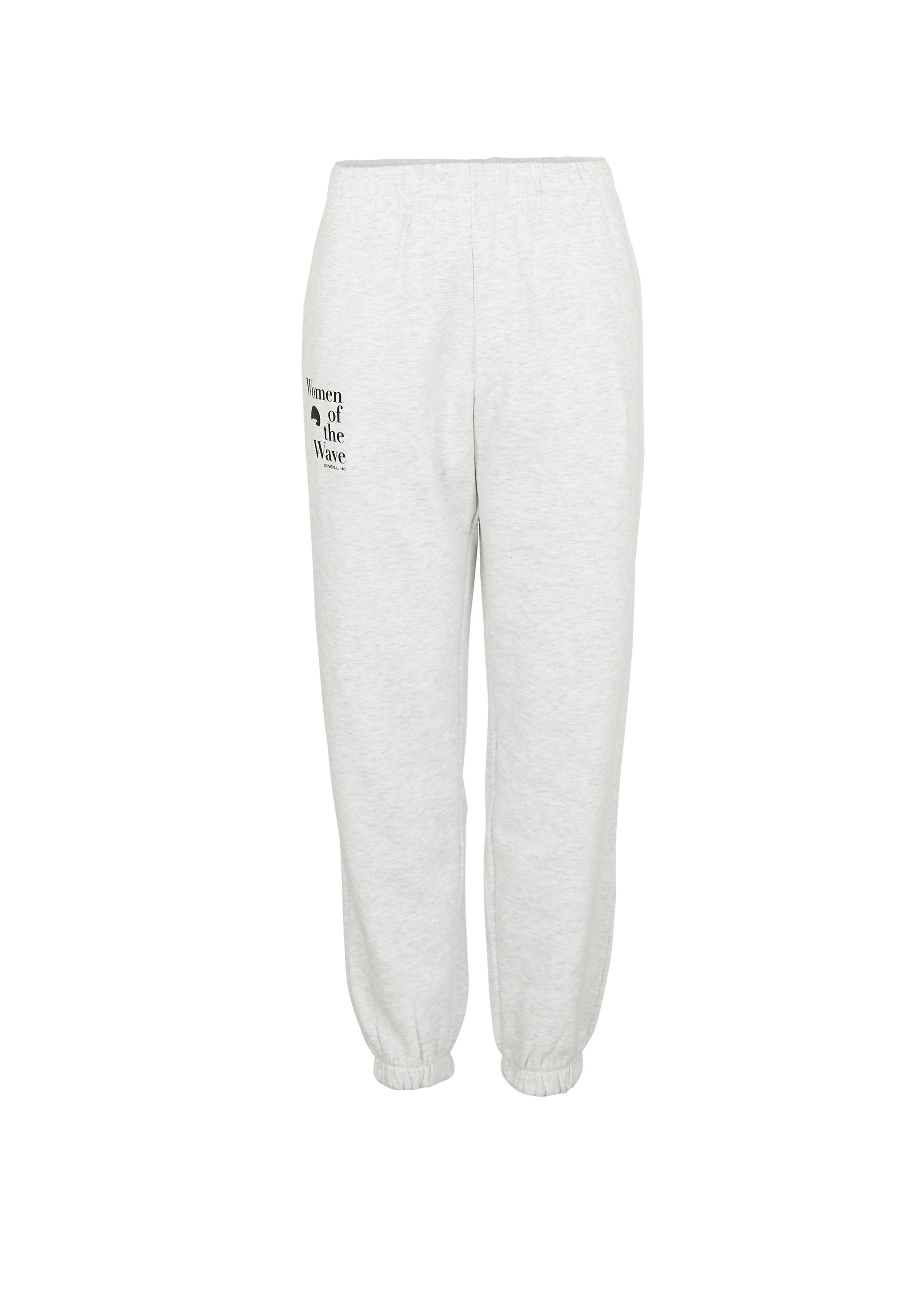 Graue Baumwoll-Jogginghosen mit einem elastischen Bund, schmal zulaufenden Bündchen und schwarzem Text mit der Aufschrift "Women of the Wave" am linken Bein.