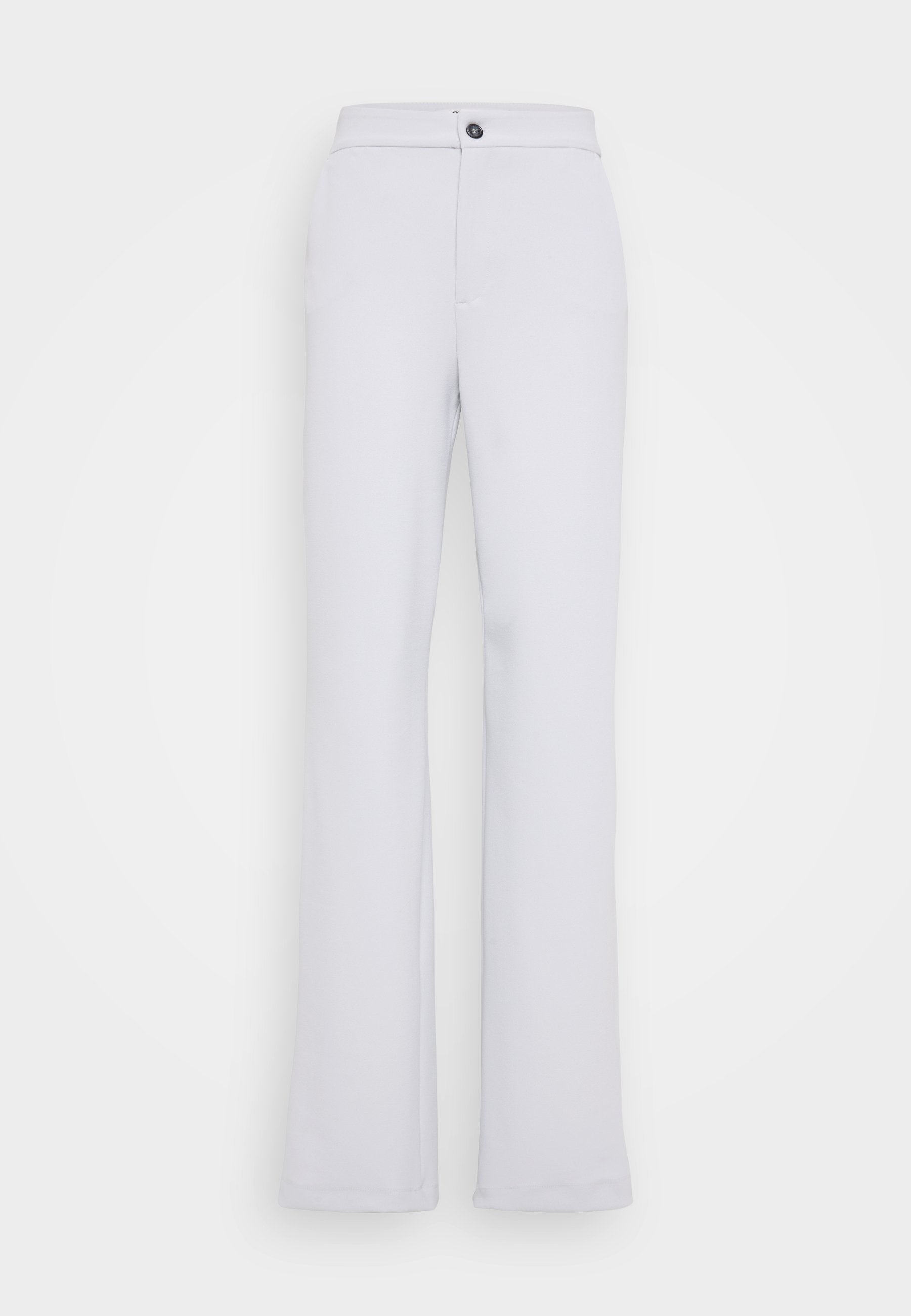 Hellgraue Hose aus glattem Stoff, mit gerader Beinform, vorderem Knopfverschluss und Gürtelschlaufen. Minimalistischer Stil ohne Muster.