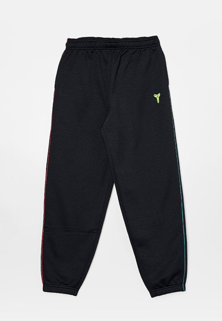 Schwarze Sporthosen aus strukturierter Stoff mit elastischem Bündchen und Akzentstreifen in Rot und Türkis an den Seiten. Grünes Logodetail auf der Vorderseite.