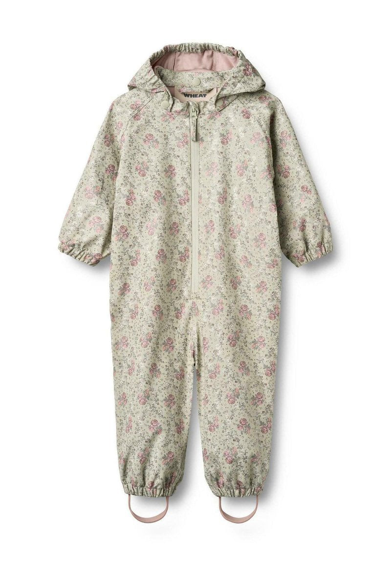 Blumenmuster-Regenanzug für Kinder aus hellgrünem Stoff. Mit elastischen Bündchen, einem Frontreißverschluss und einer Kapuze mit pinkem Futter.