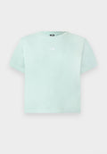 Hellgrünes T-Shirt mit kurzen Ärmeln und Rundhalsausschnitt, mit kleinem weißen North Face-Logo mittig auf der Brust.